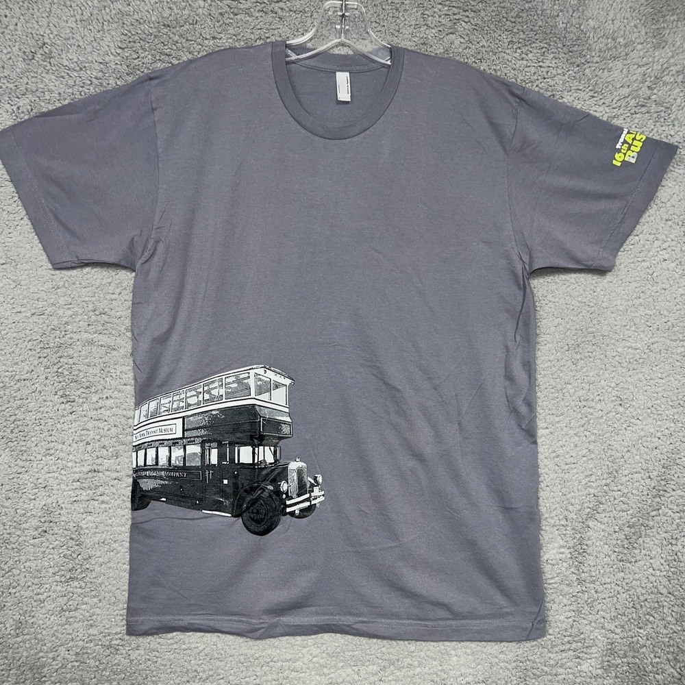 American Apparel New York Transit Museum T Shirt Men Sz L Gray Double Decker Bus